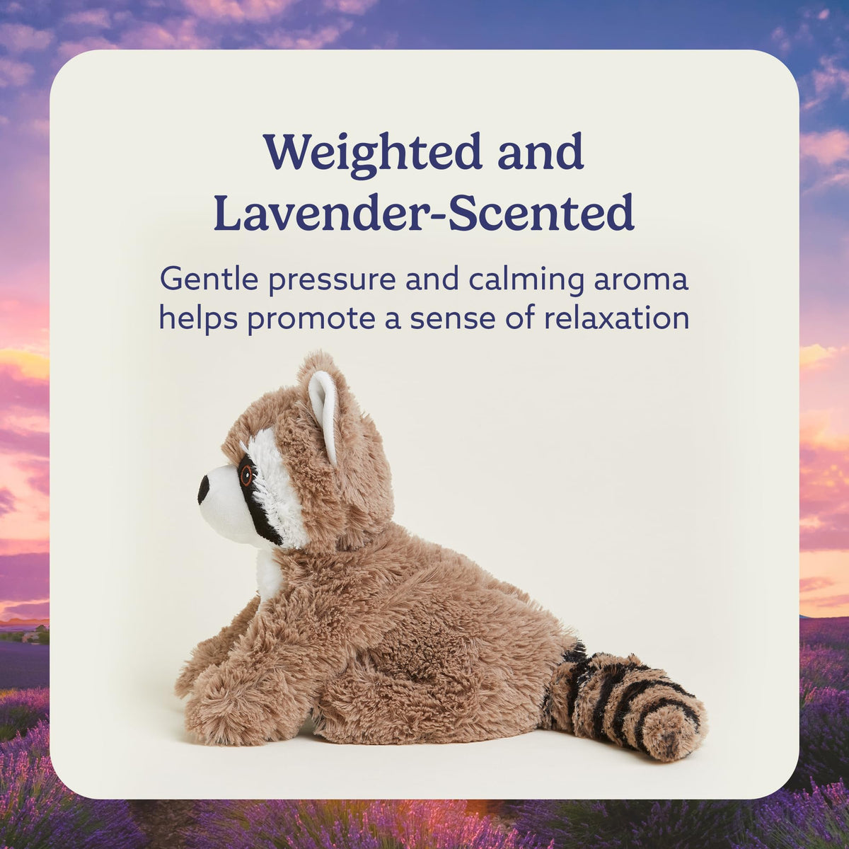 Warmies Raccoon lavender-scented plush creates a calm, aromatic ambiance.