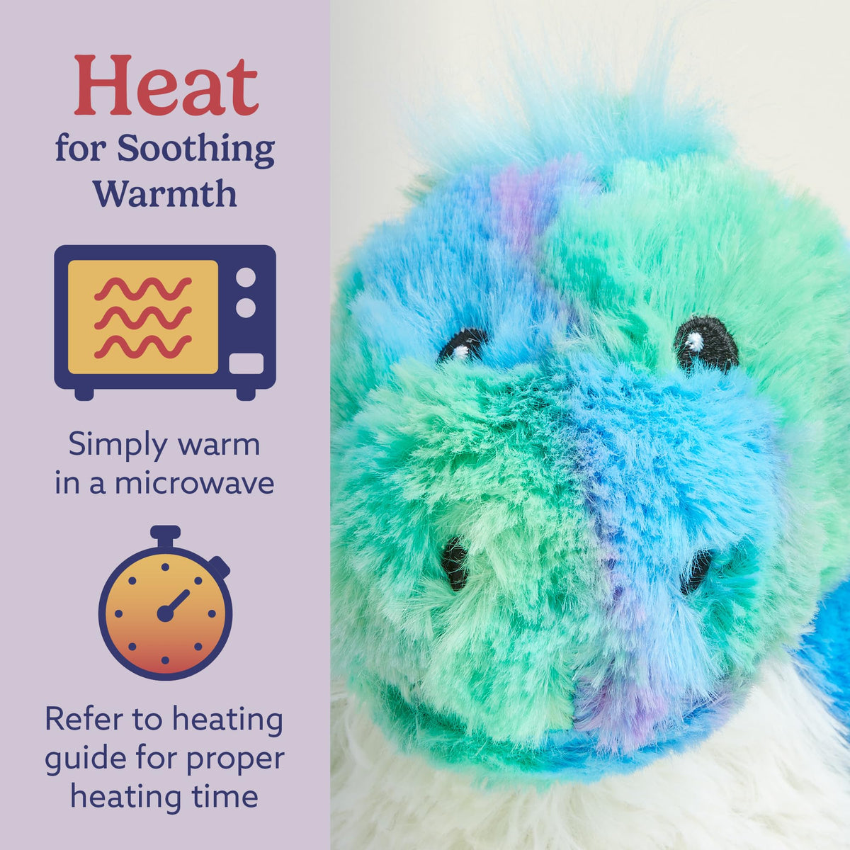 Warmies Rainbow Dinosaur closeup fabric highlights soft texture and cuddly appeal.