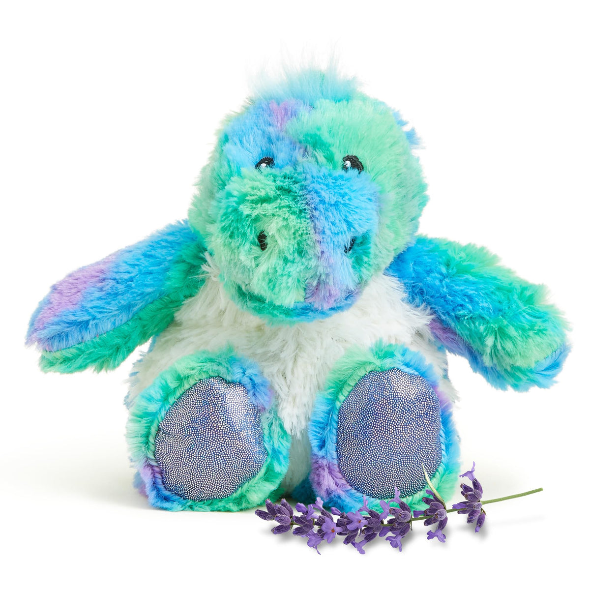 Warmies Rainbow Dinosaur plush front view for cozy warmth and comfort.