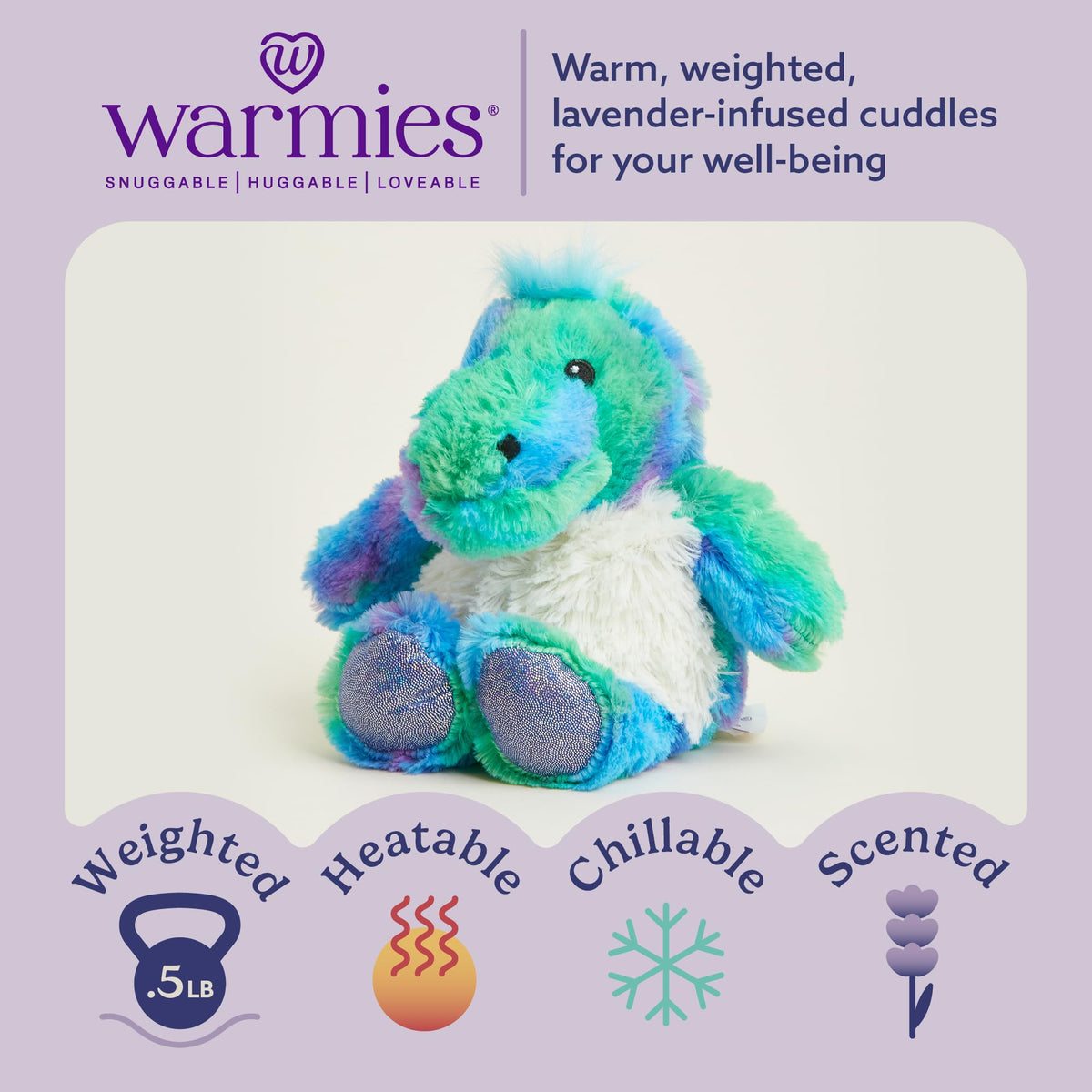 Warmies Rainbow Dinosaur plush side view for gentle hugs and soothing vibes.