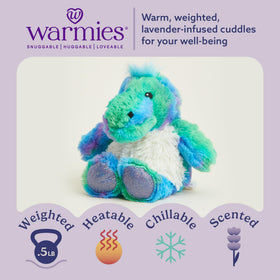 Warmies Rainbow Dinosaur plush side view for gentle hugs and soothing vibes.