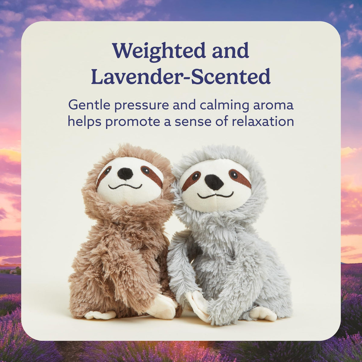 Warmies Sloth Hugs Duo cooling option in sealed bag for refreshing relief.