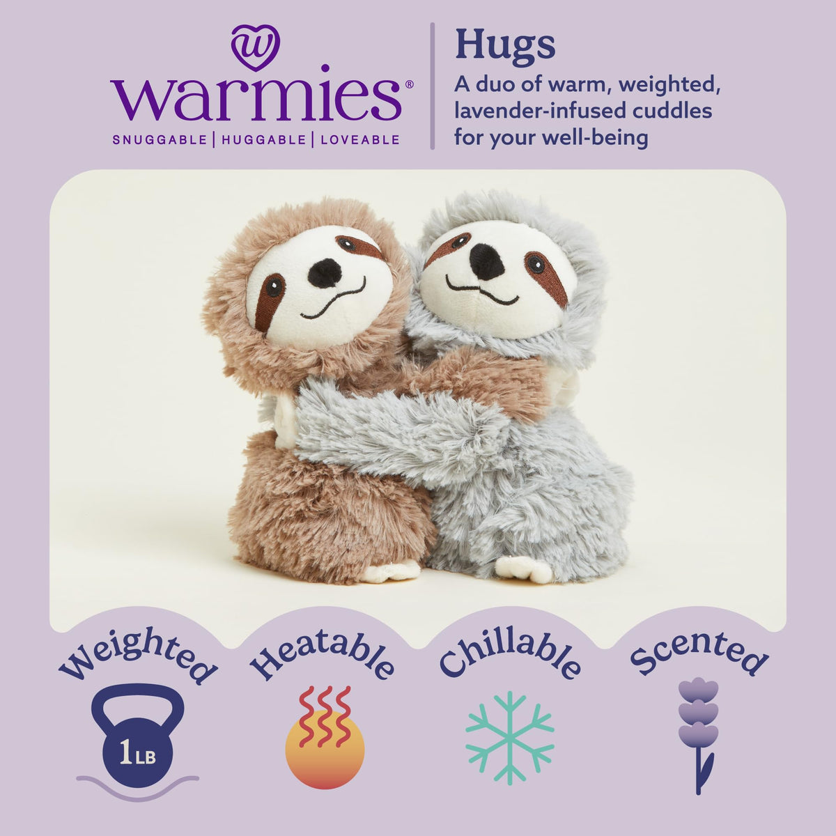 Warmies Sloth Hugs Duo microwave heat demonstration for soothing warmth.