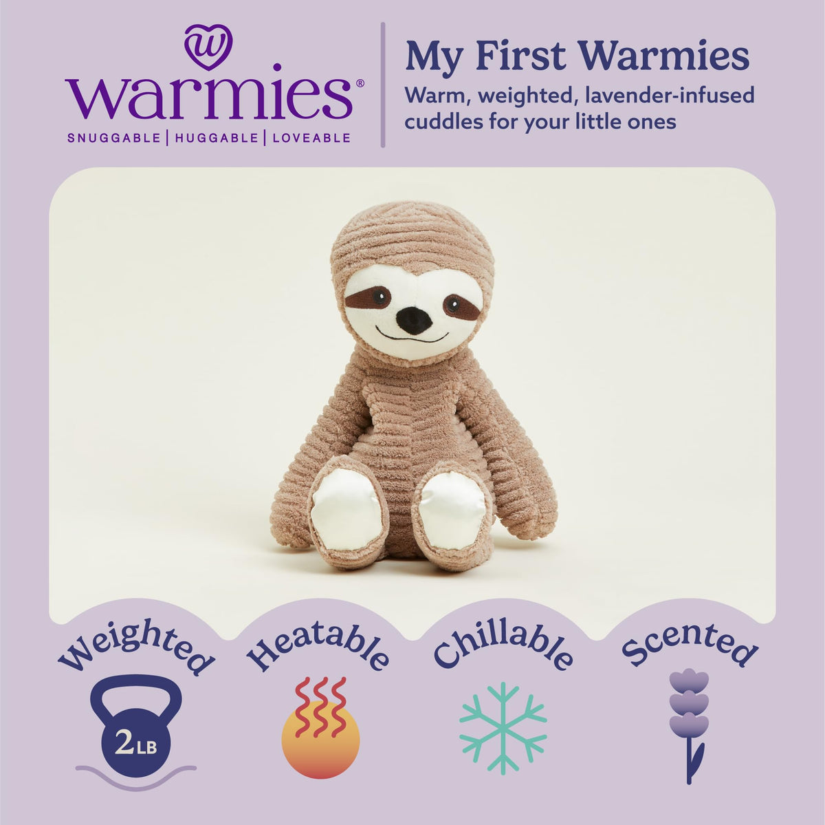 Warmies Sloth soft fabrics detail with silky satin accents.