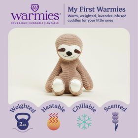 Warmies Sloth soft fabrics detail with silky satin accents.