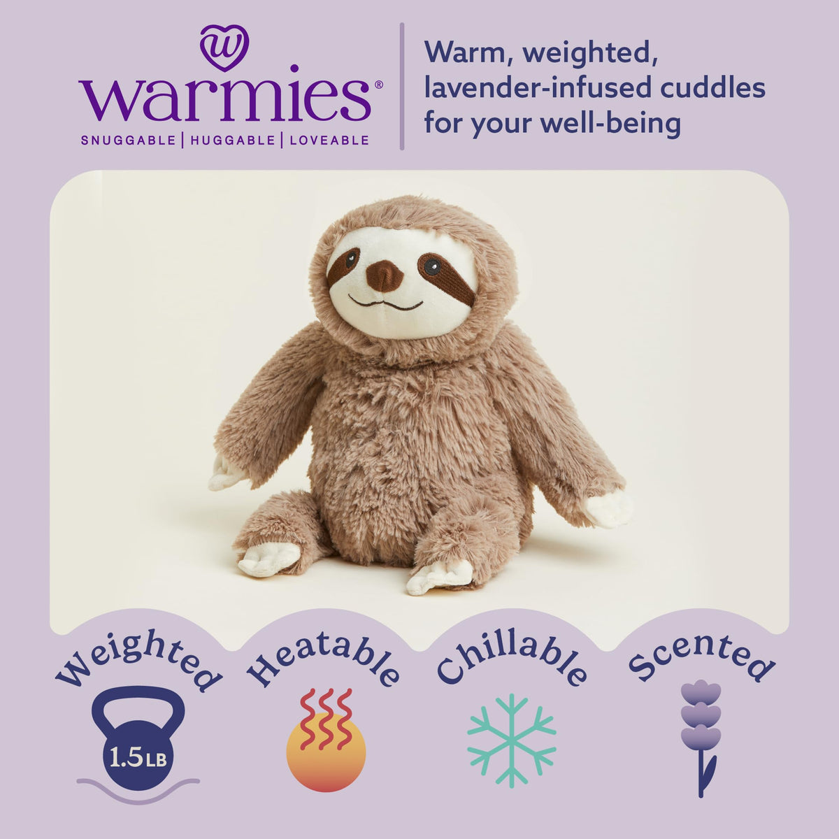 Warmies Sloth plush with soft fabric for cozy cuddles.