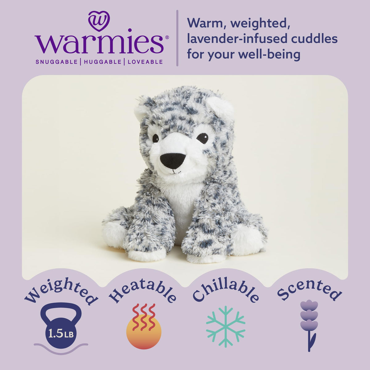Warmies Snow Leopard weighted plush provides calming, comforting hugs.