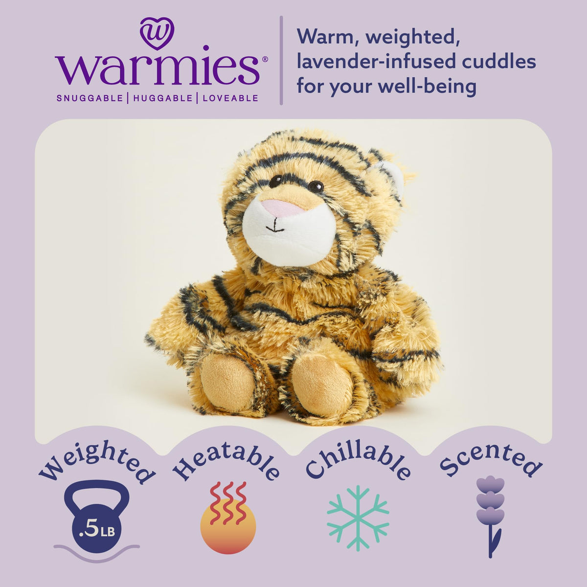 Warmies Tiger Junior weighted plush for soothing comfort.