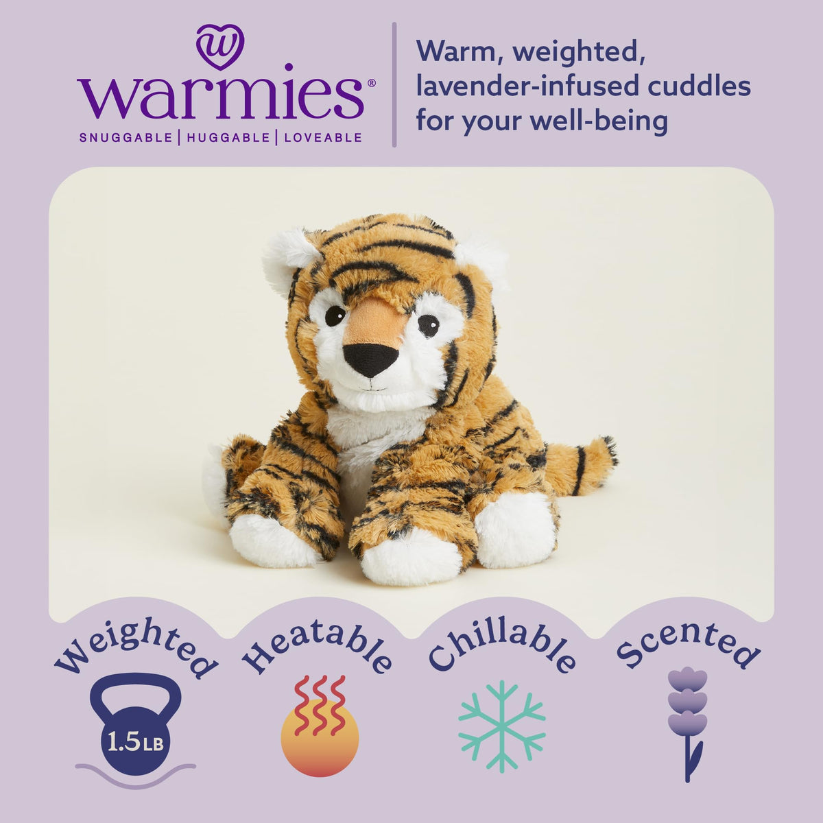 Warmies Tiger weighted snuggle toy provides grounding comfort during bedtime.