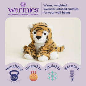 Warmies Tiger weighted snuggle toy provides grounding comfort during bedtime.