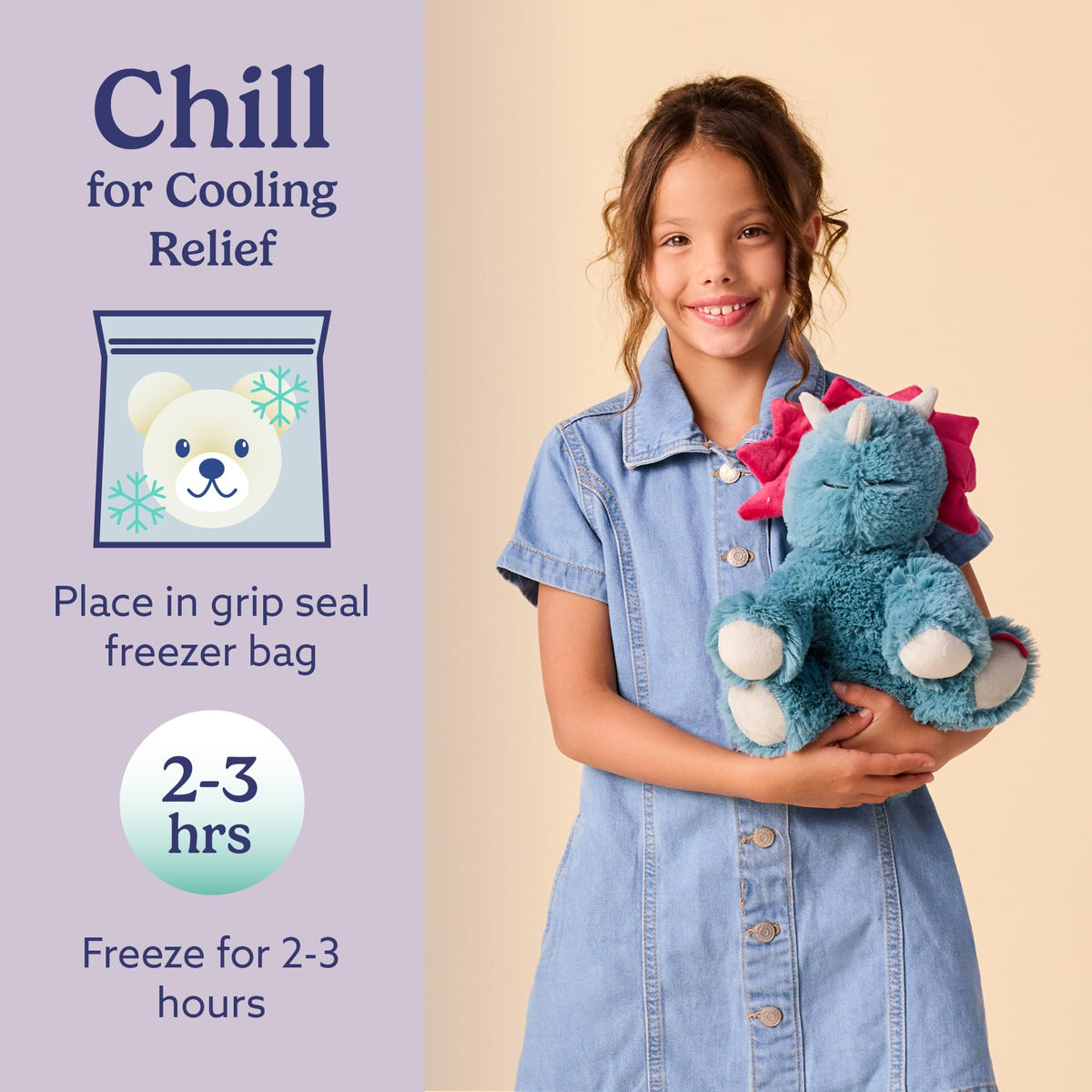 Warmies Triceratops cooling option for warm days.