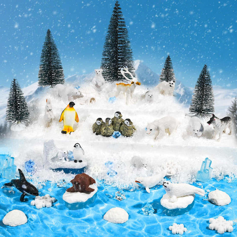 Warmtree Arctic animals figurines set showcases penguins and polar bears for diorama display.