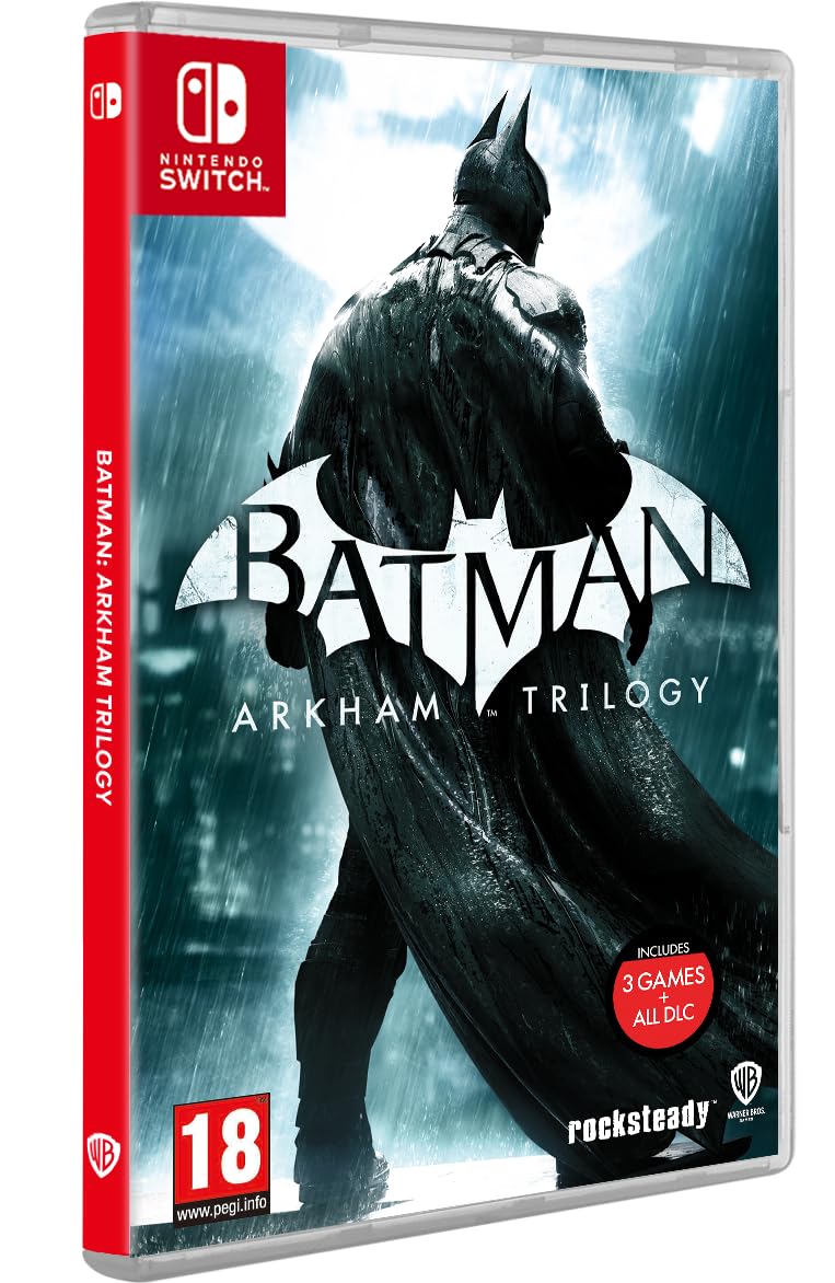 Batman Arkham Trilogy Switch game case featuring three titles.