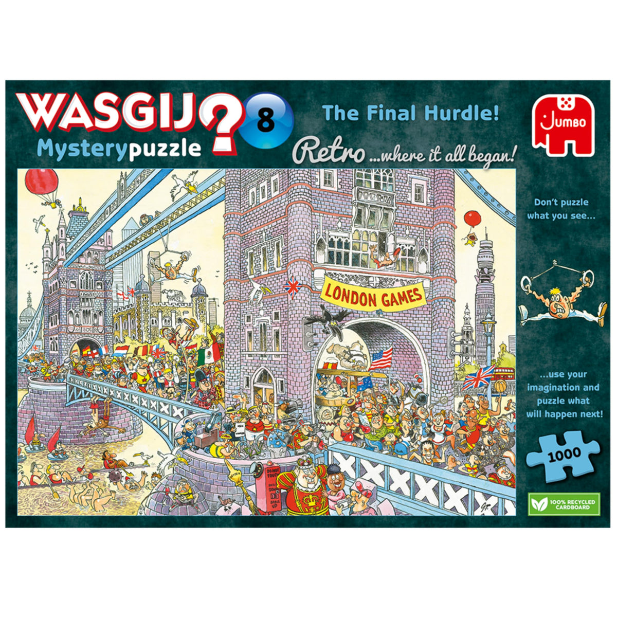 Wasgij Retro Mystery 8 box art reveals final hurdle scene, ideal for immersive solo puzzle nights.