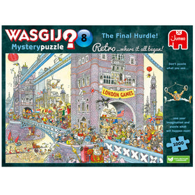 Wasgij Retro Mystery 8 box art reveals final hurdle scene, ideal for immersive solo puzzle nights.