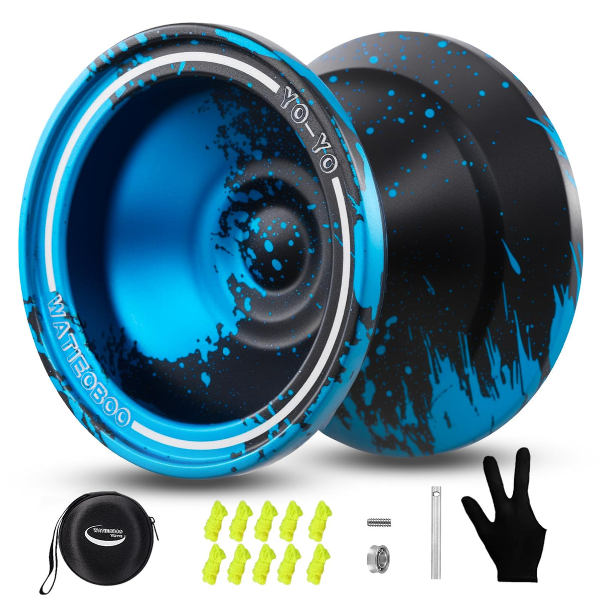 WATIEOBOO W07 front view metal yo-yo in black blue showing stable spins and precision