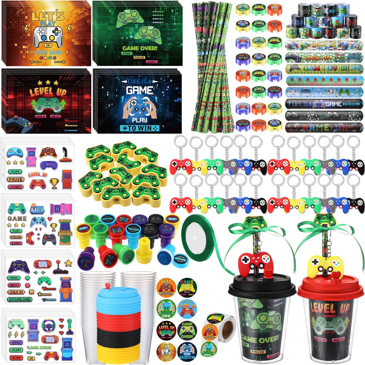 Watersay cups with colored covers for gamer party favors and drinks