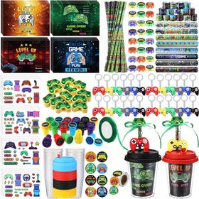 Watersay cups with colored covers for gamer party favors and drinks
