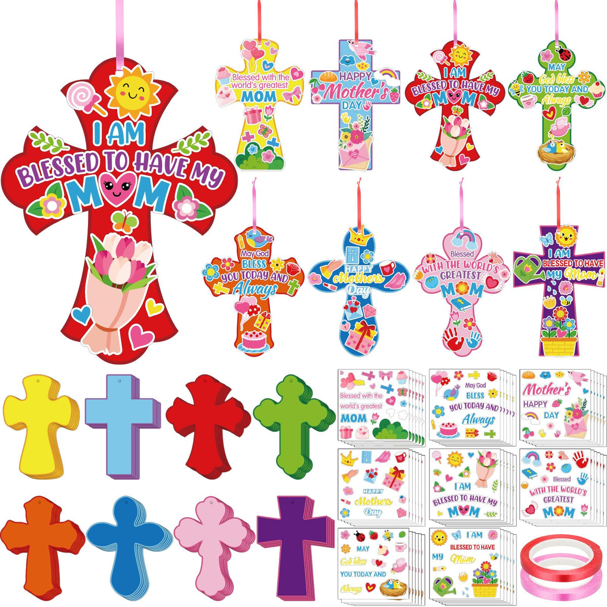 Watersay 48-set cross craft kit with cross stickers and ribbon for Mother's Day decor