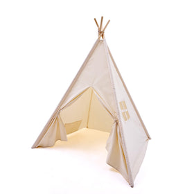 WATEVLOTCS Kids Play Teepee exterior shows natural canvas and sturdy pine frame for durability.