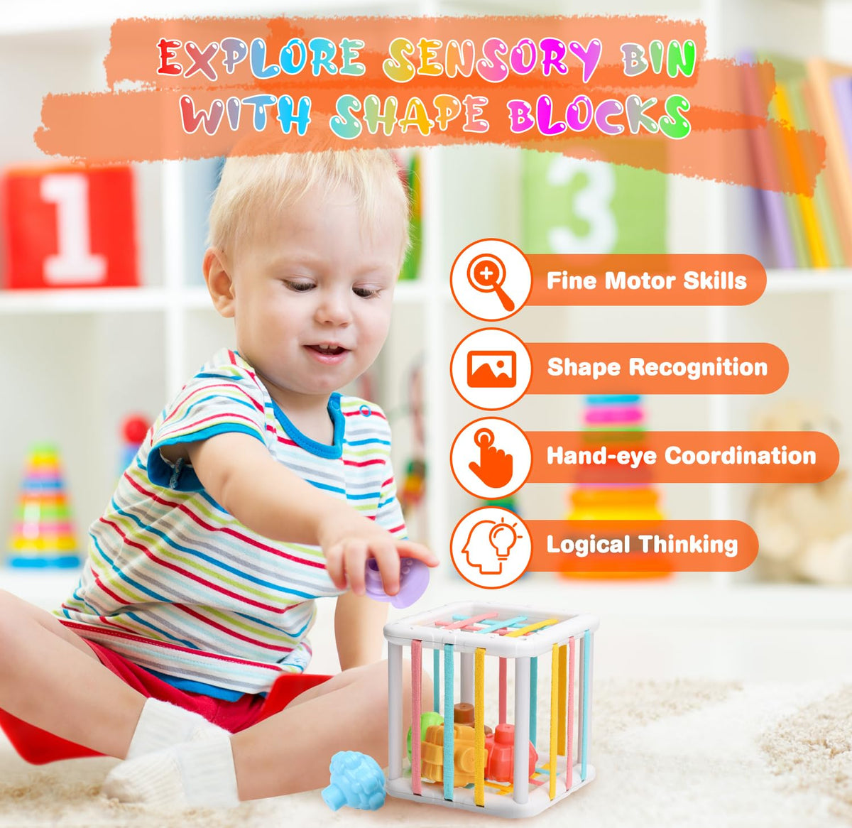 Wattne pull-string toy engages baby with pulling, pushing, and shaking play for motor skills.