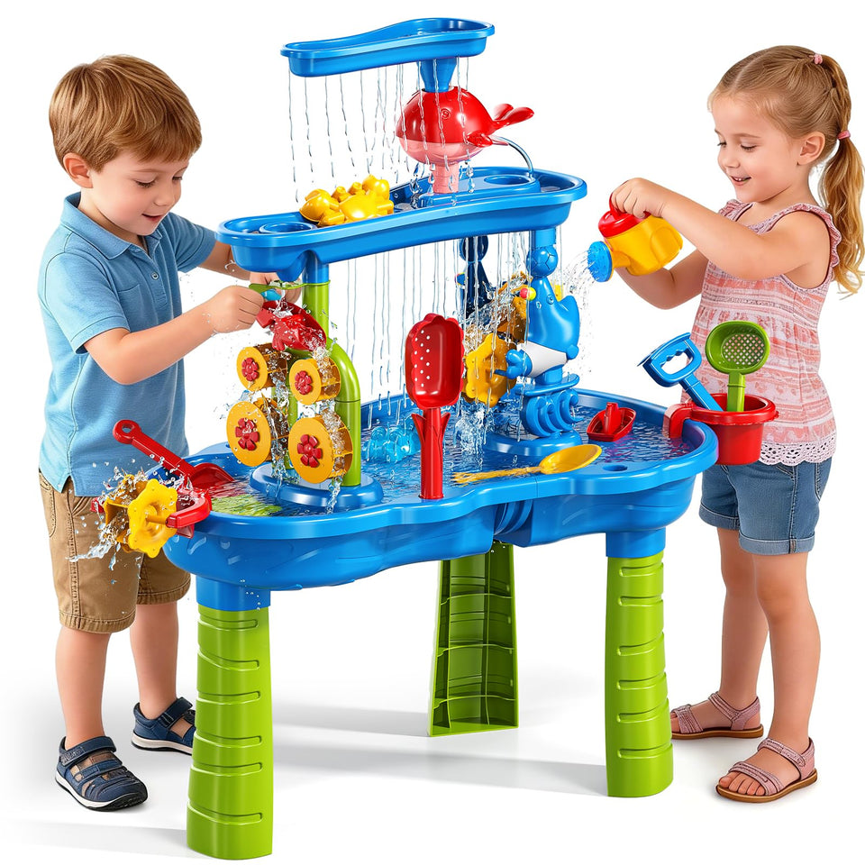 WATUDOU 3-Tier Water Table with water wheel enhances toddler imaginative play