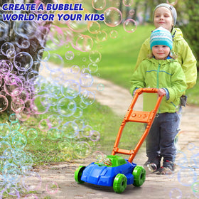 WATUDOU Bubble Lawn Mower in action in the garden with bubbles.