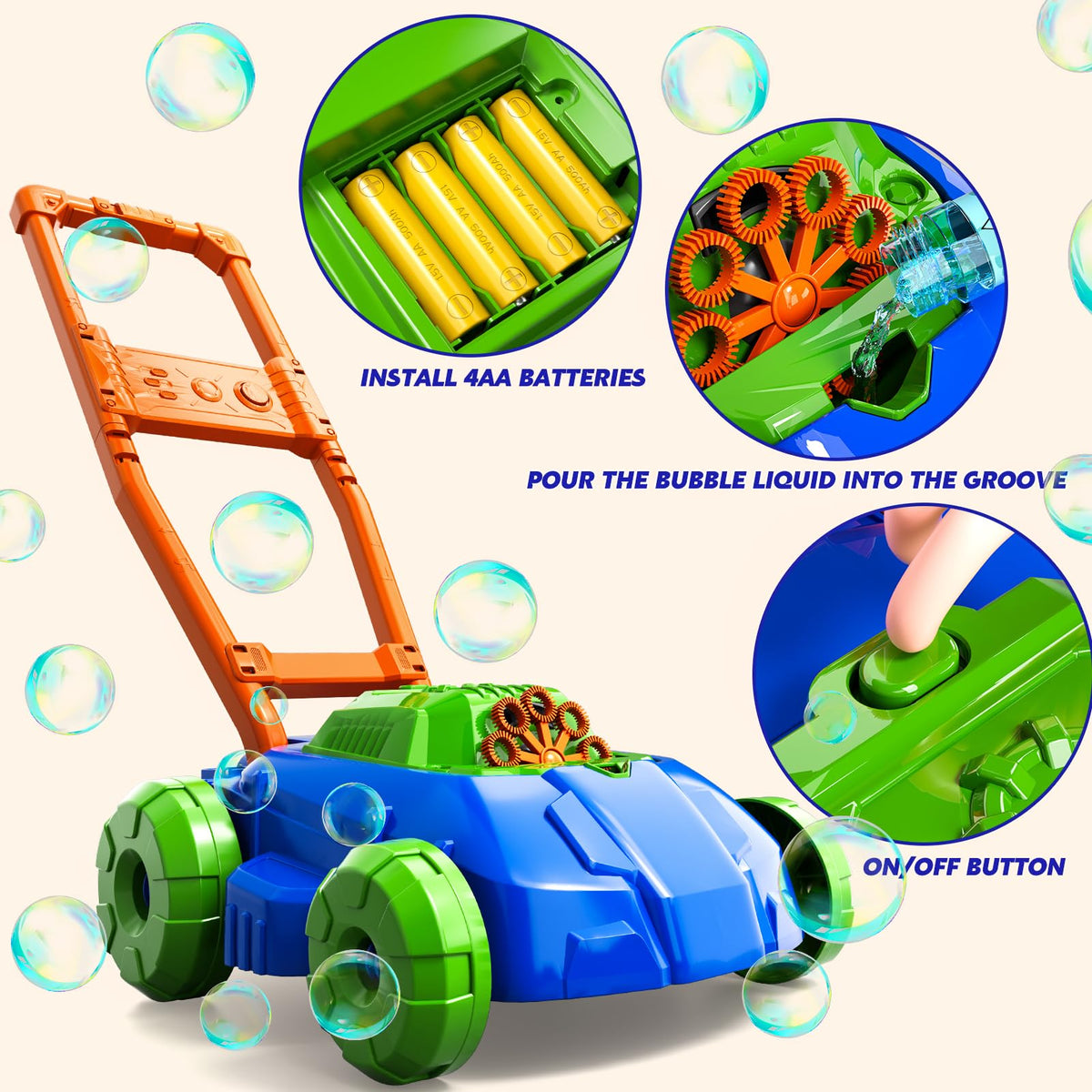 WATUDOU Bubble Lawn Mower assembly with detachable handle for storage.