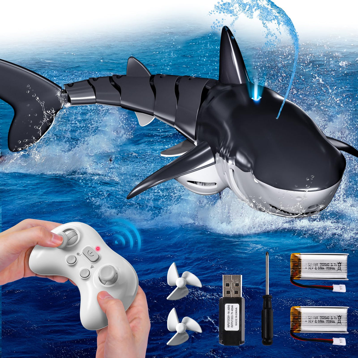 Watudou remote shark toy front view ready for underwater play
