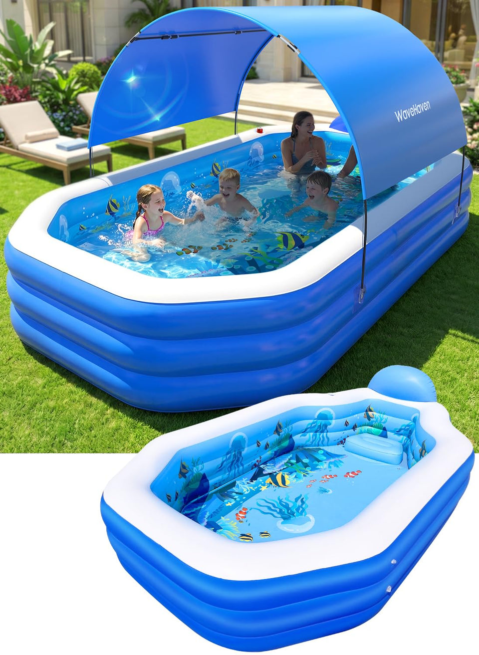 WaveHaven inflatable pool with canopy offering shaded backyard fun for the whole family.