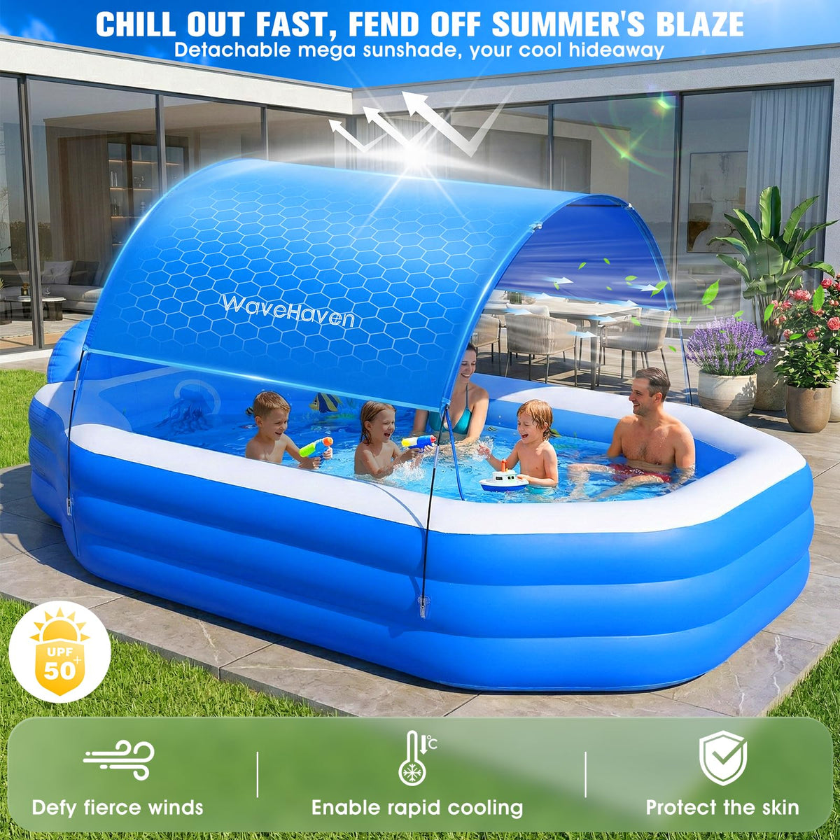 WaveHaven large inflatable pool with built-in seats for comfortable lounging.