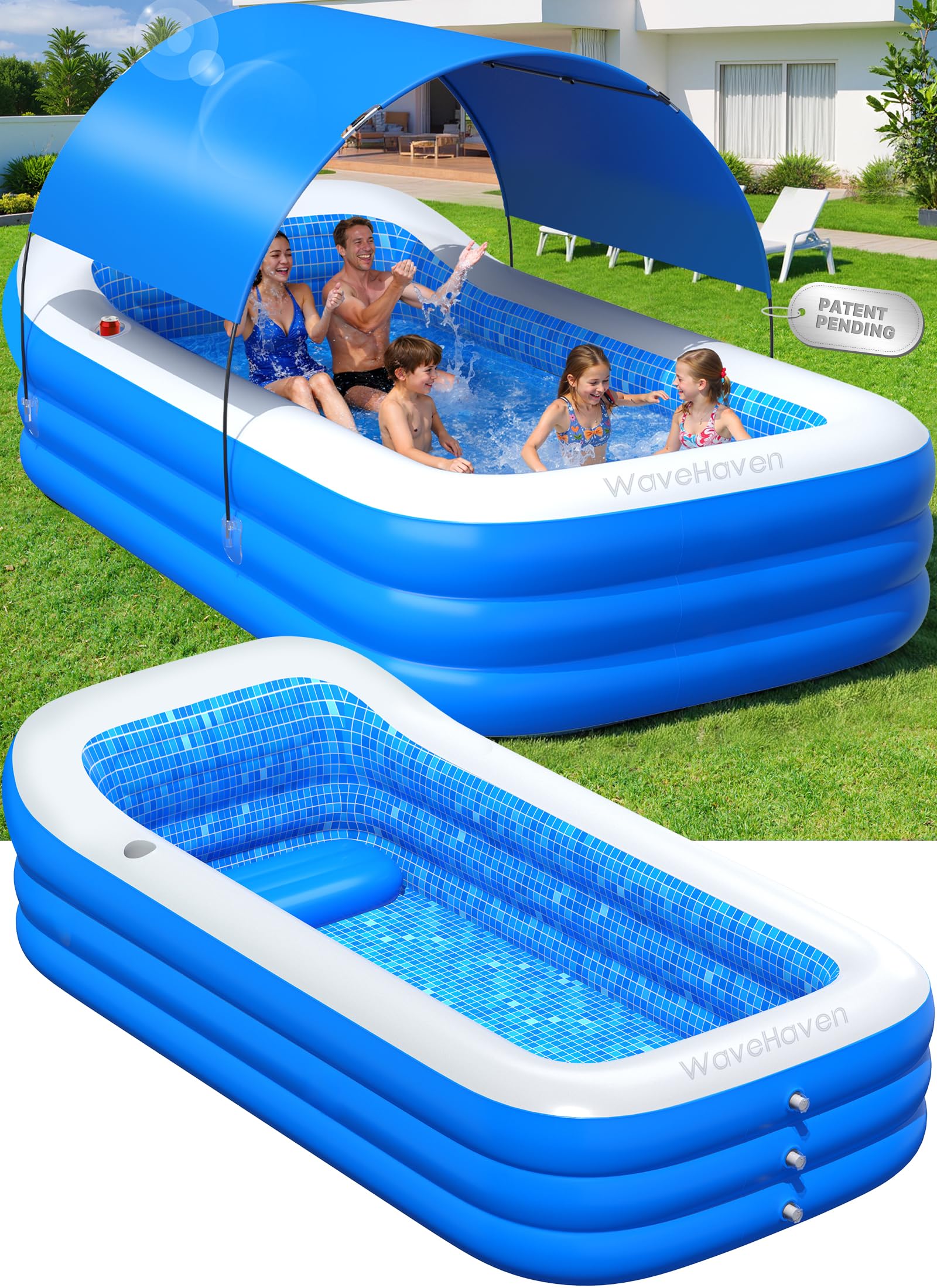 WaveHaven 2026 Inflatable Pool with Canopy – Large Family-Size 110x63x ...