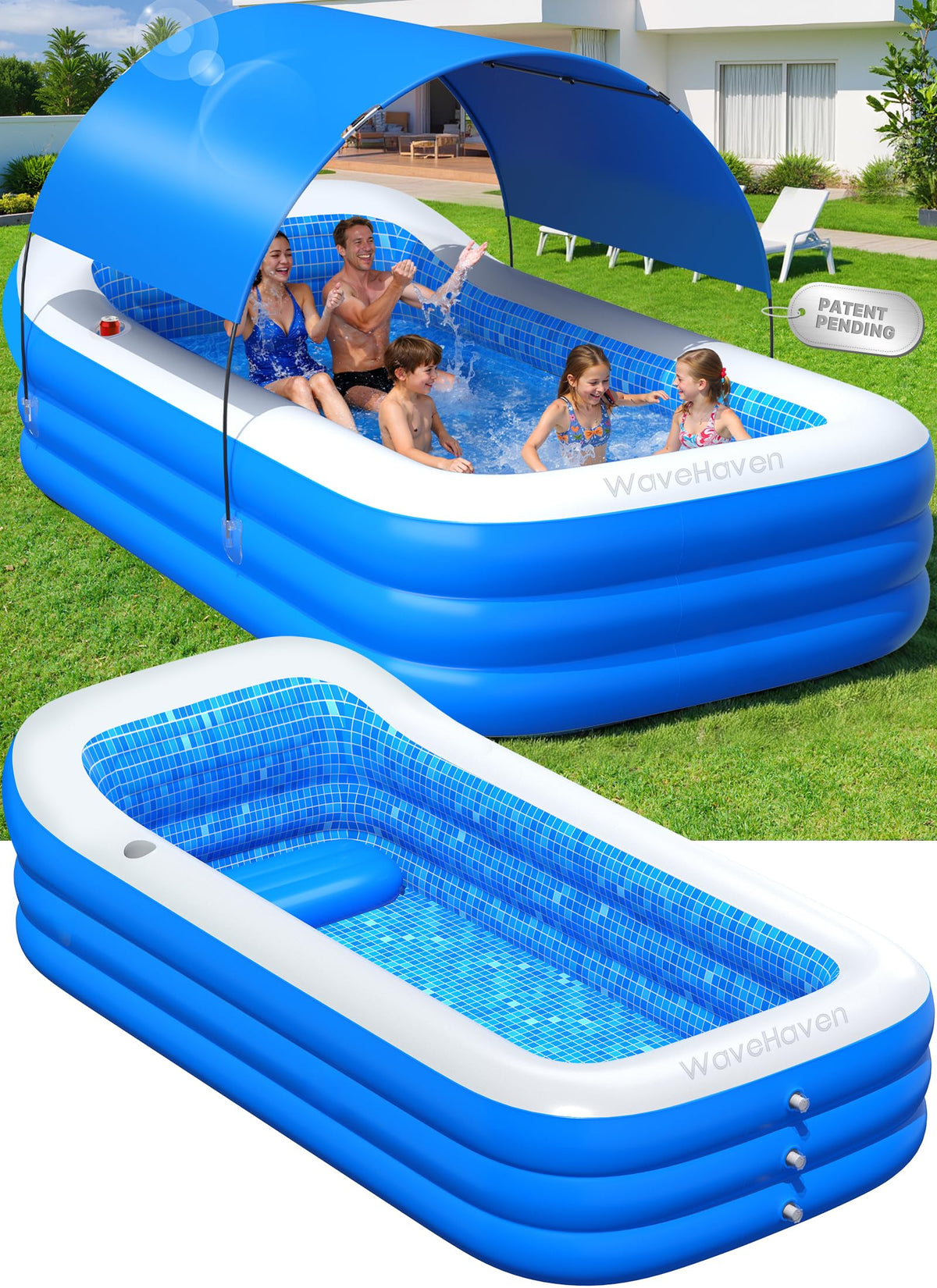 WaveHaven pool with canopy front view provides wide shade for family time