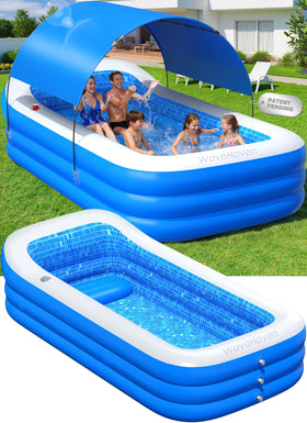 WaveHaven pool with canopy front view provides wide shade for family time