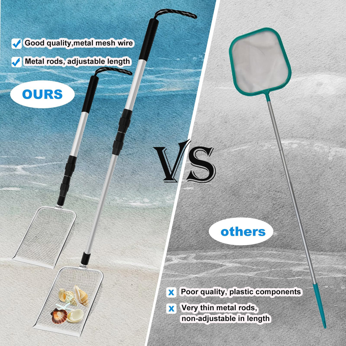 Waybas adjustable handle sand sifter for easy reach from kids to adults