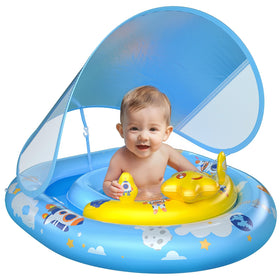 WayEee baby pool float with blue canopy offers shade and comfort on sunny days.