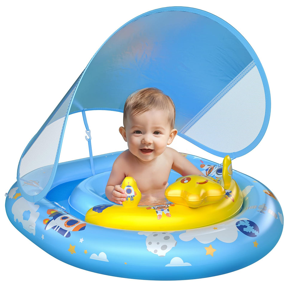 WayEee baby pool float with blue canopy offers shade and comfort on sunny days.