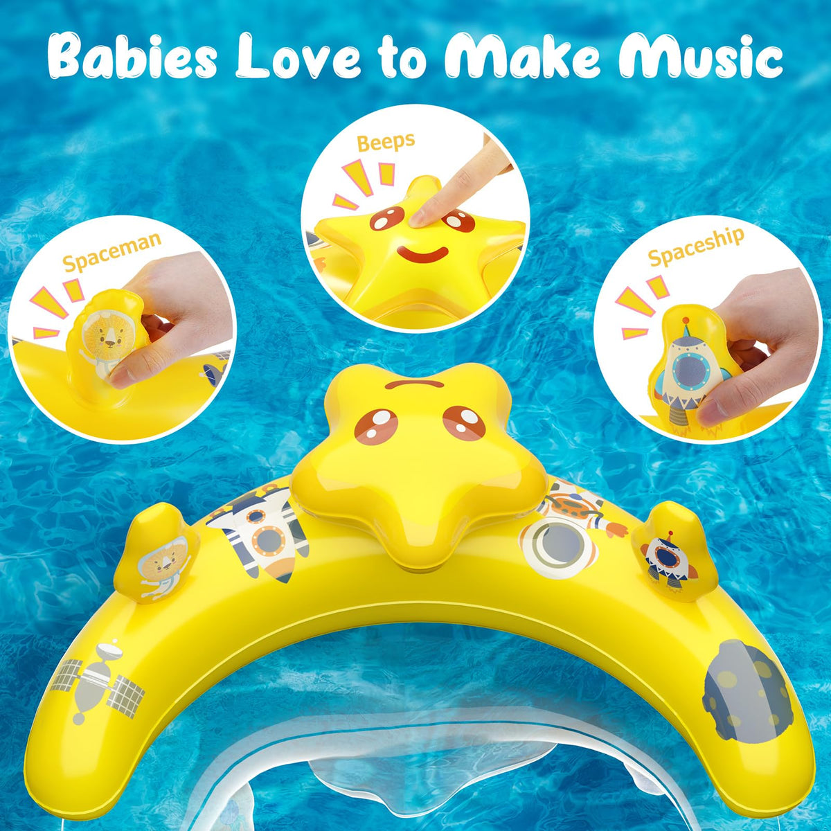 WayEee play console with coral, star, and bells engages the baby during swim time.