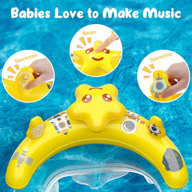 WayEee play console with coral, star, and bells engages the baby during swim time.