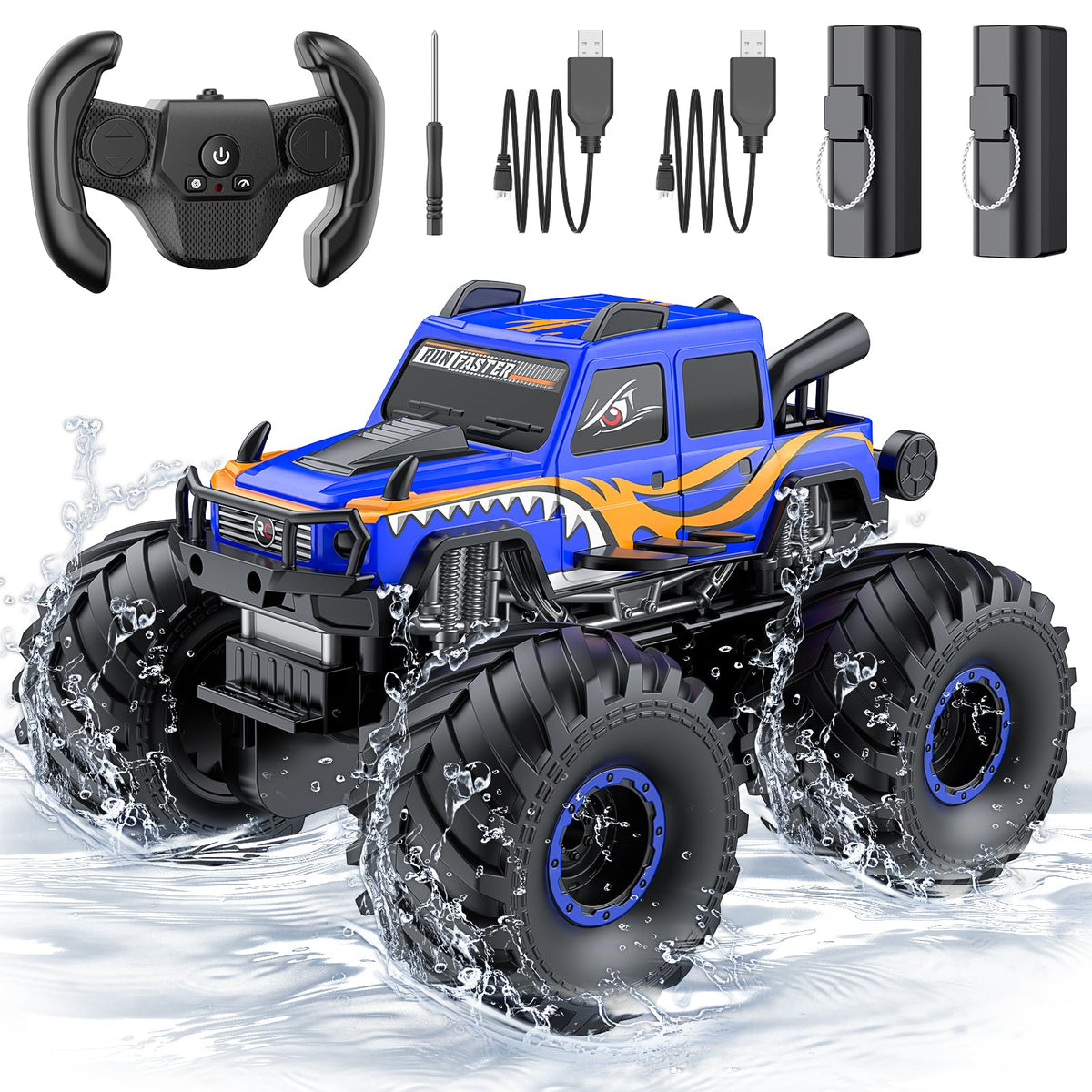 WayEee RC car with blue waterproof seal, ideal for water play