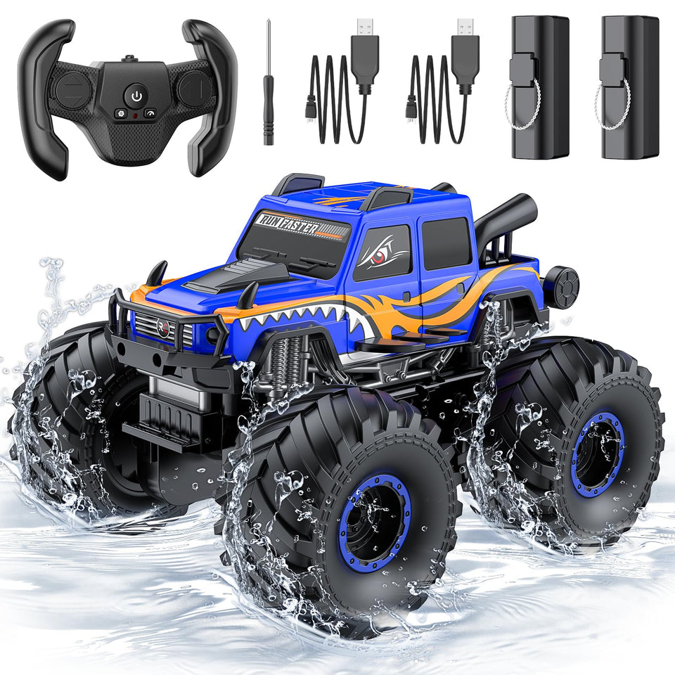 WayEee RC car with blue waterproof seal, ideal for water play