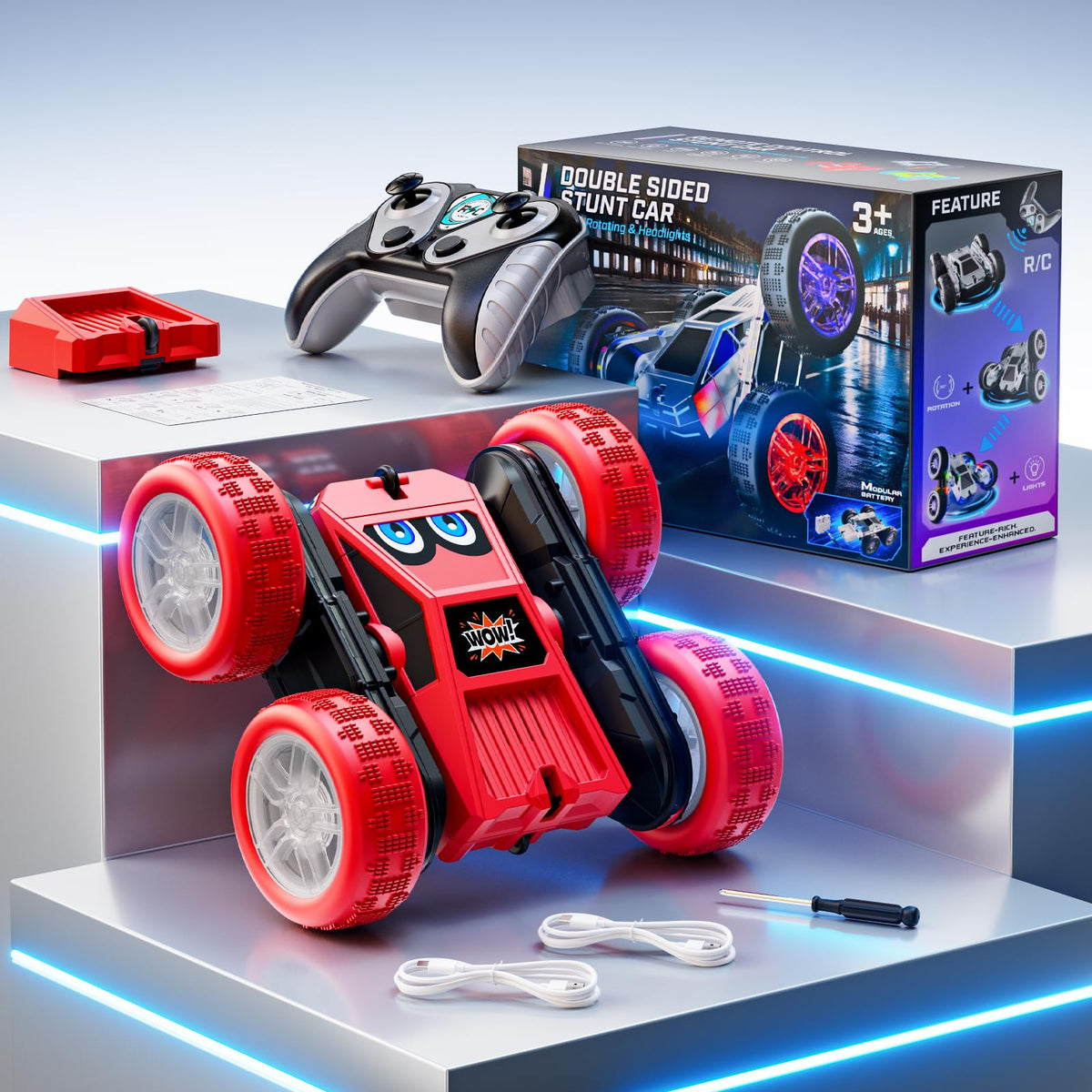 WayEee RC car package includes batteries, cables, screwdriver and manual