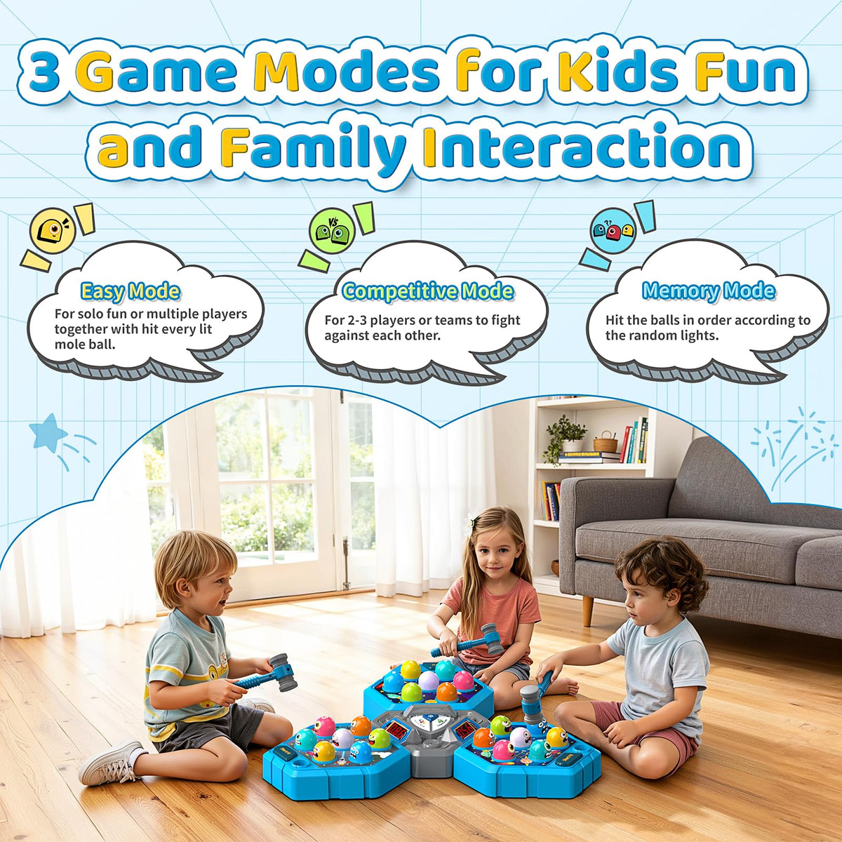 Three game modes and seven speeds offer varied challenges with WAYKEE Whack a Mole.