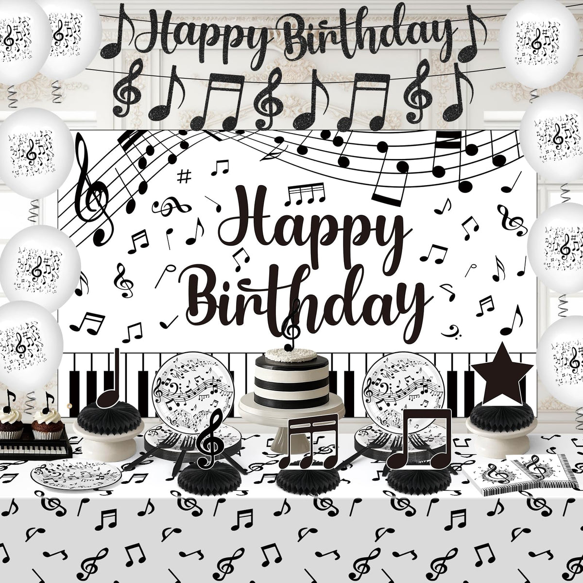 Wayyogh black-white musical note banner pattern enhances a cohesive décor for music events.