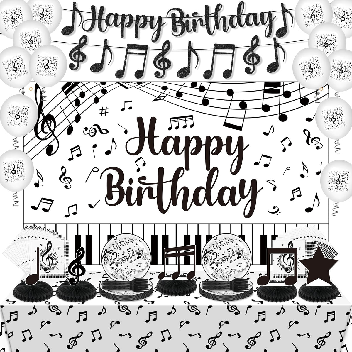Wayyogh musical-note happy birthday banner backdrop ideal for music-themed parties and photos.