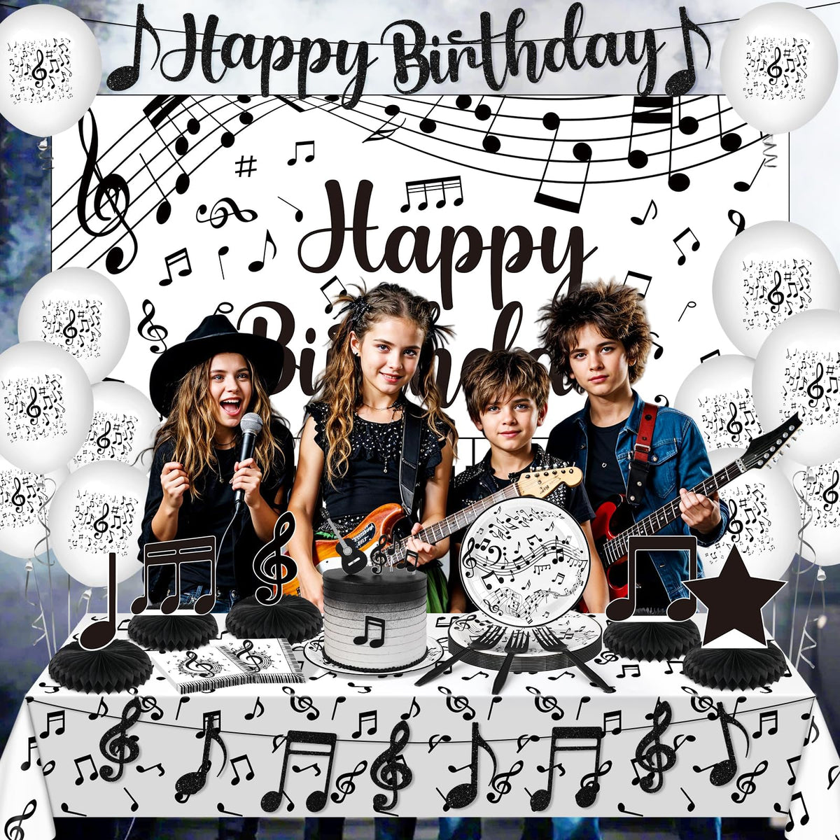 Wayyogh musical-note tablecloth ties the look together for a polished party.