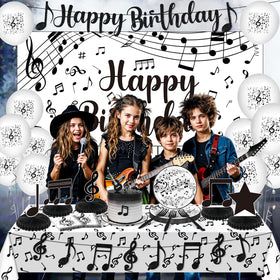 Wayyogh musical-note tablecloth ties the look together for a polished party.