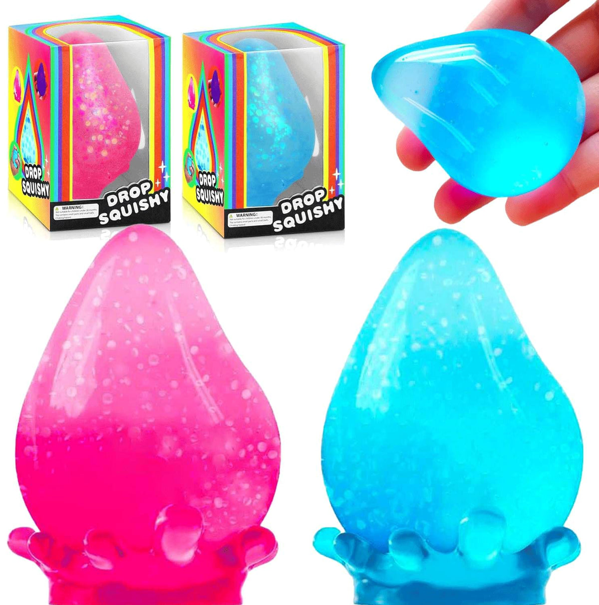Wazibo squishy drop stress balls front view blue-pink perfect for desk stress relief
