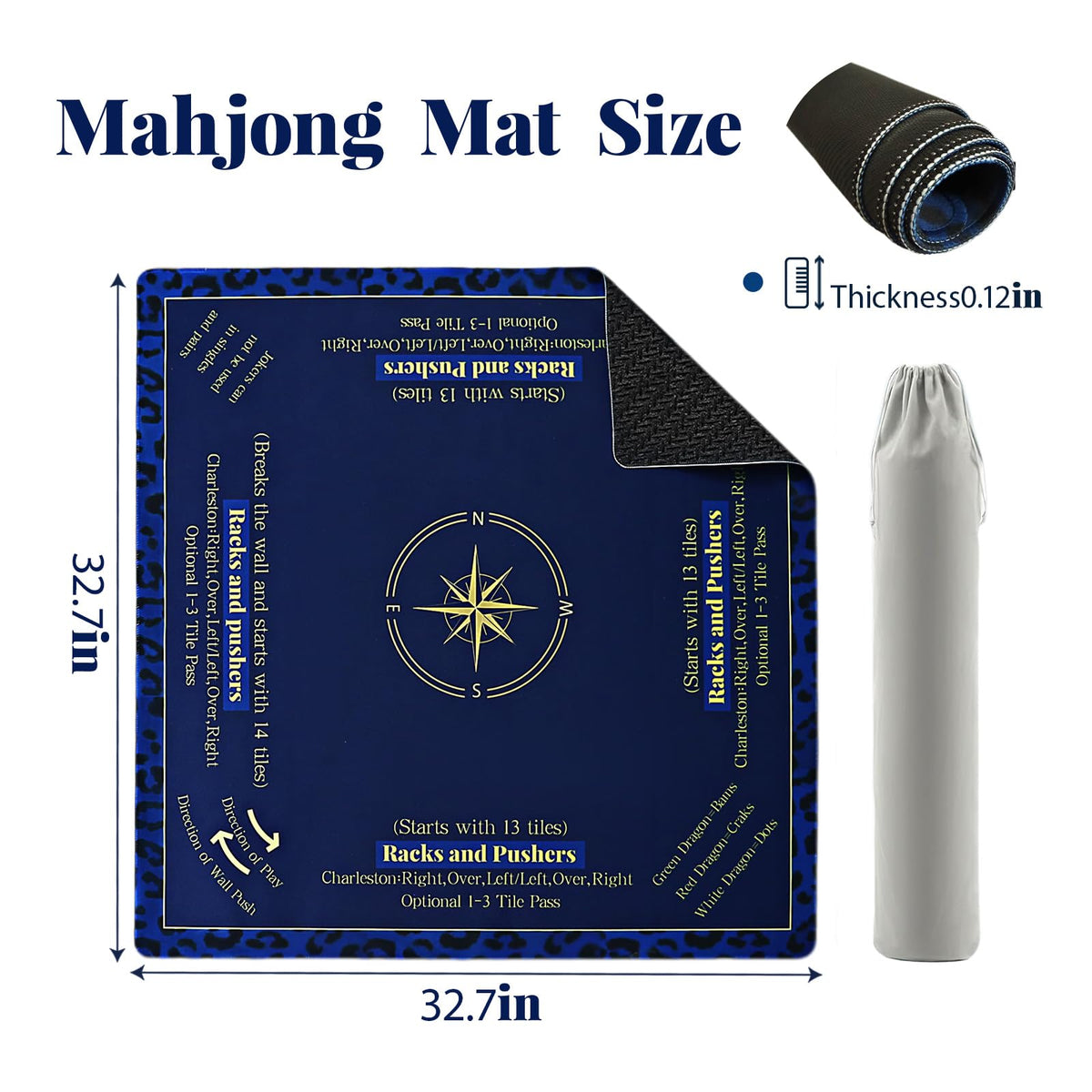 WBUTXQD Mahjong Mat with blue surface shows rules printed for quick learning.