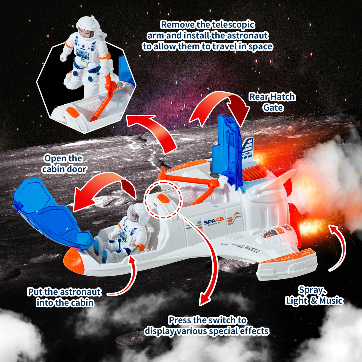 Wbzle Spaceship Shuttle telescopic arm extended supports interactive, exploratory play.